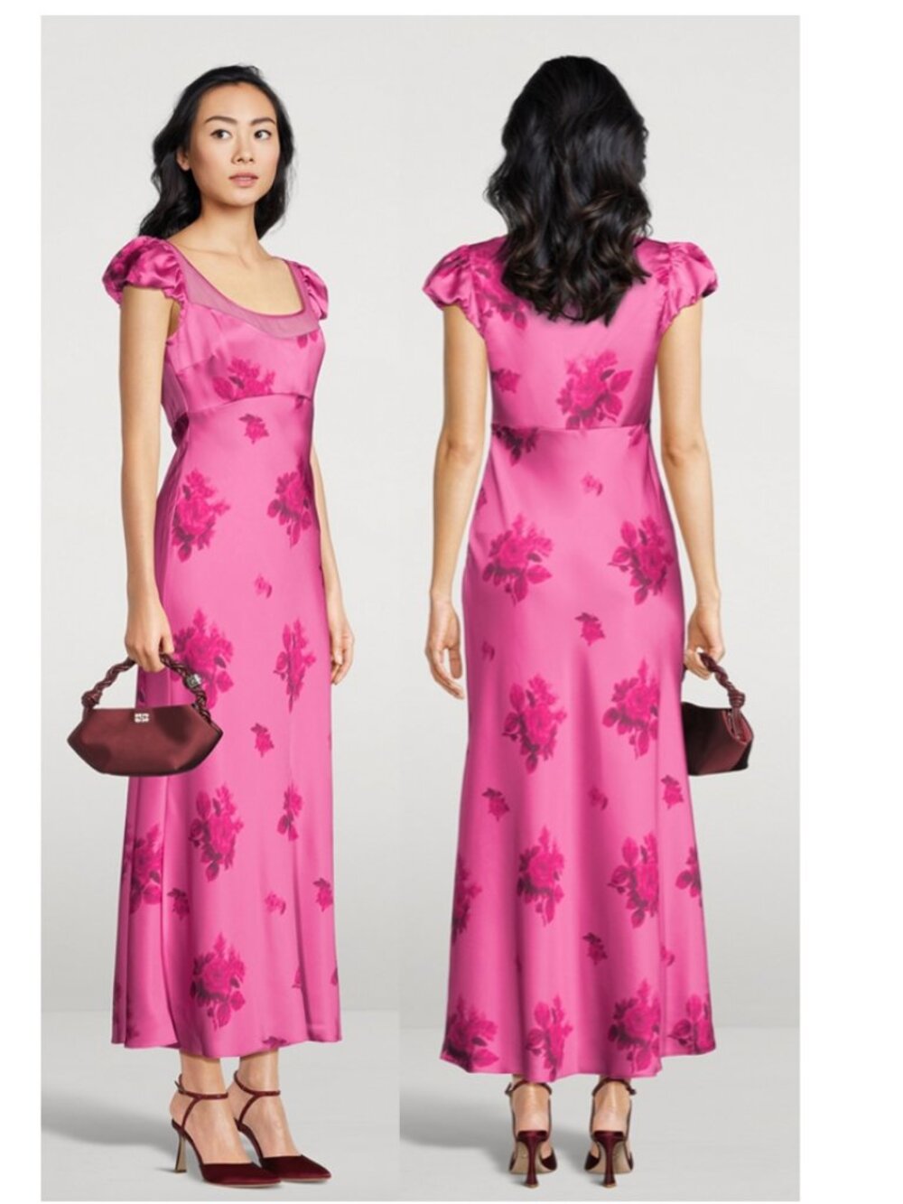 LoveShackFancy Joelette Dress Raspberry Rose Satin Puff Sleeve Floral Size 6
